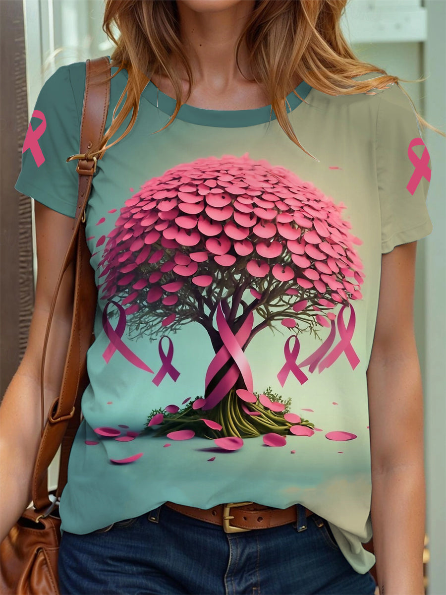 Women's Breast Cancer Awareness Tree of Life Pink Ribbon Print T-Shirt