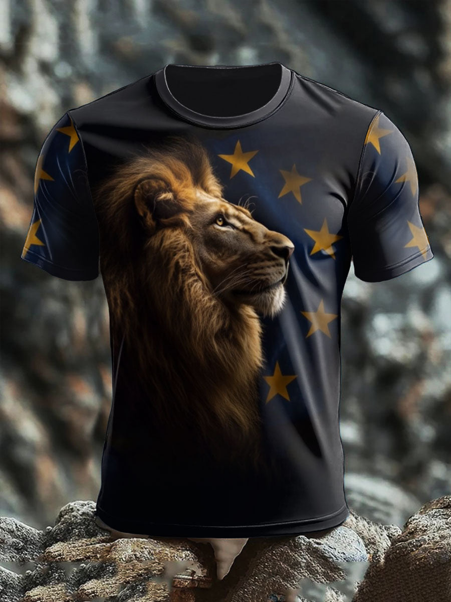 Men's Europe Flag Lion Printed T-shirt