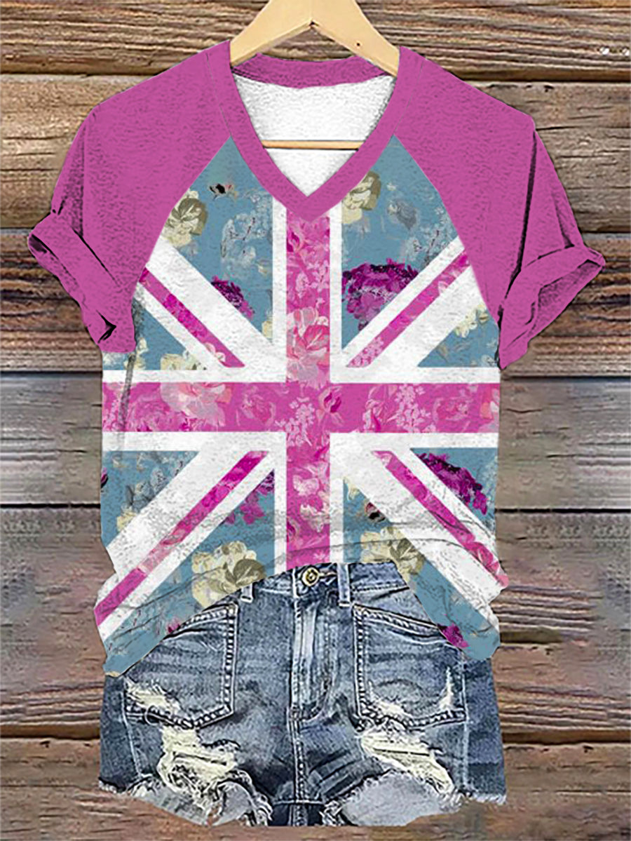 Women's Floral Flag Art Print V-neck T-shirt
