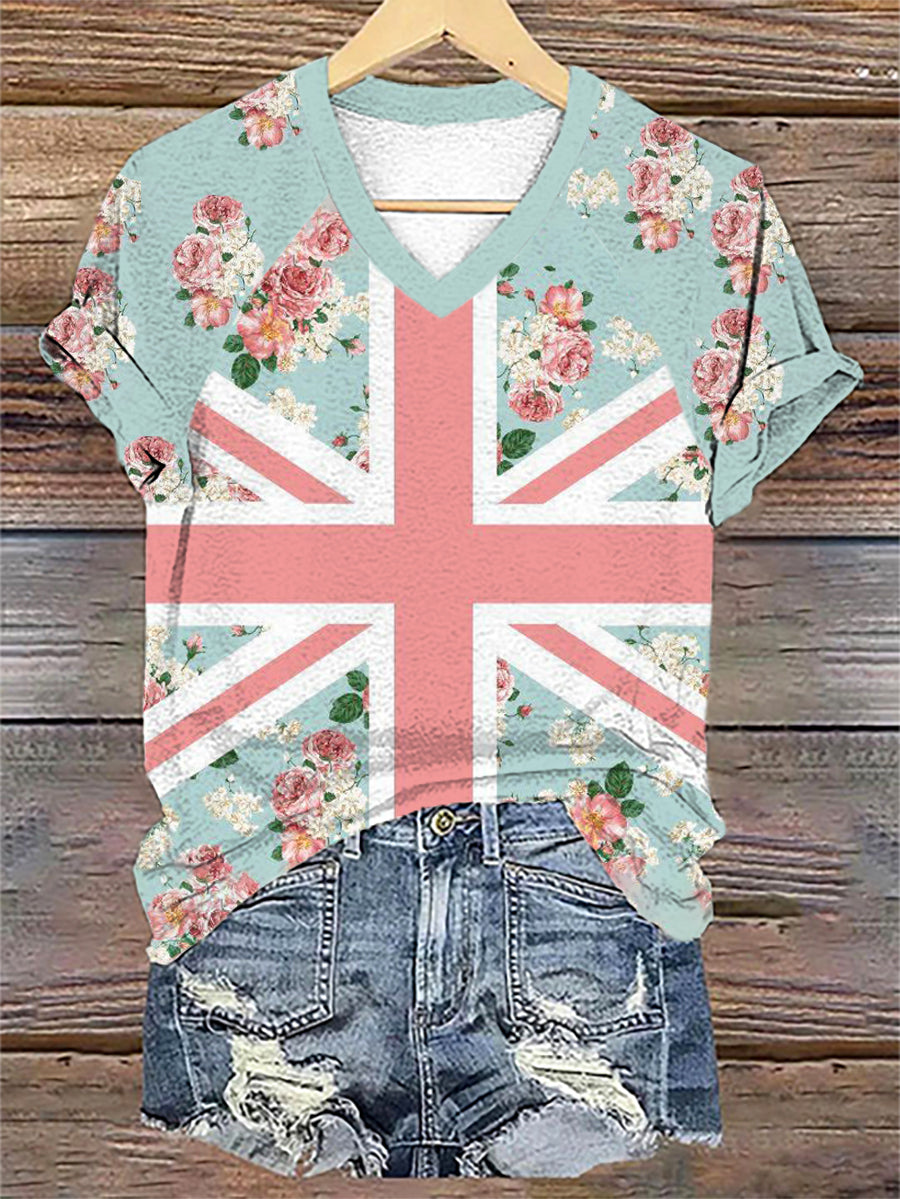 Women's Floral Flag Art Print V-neck T-shirt