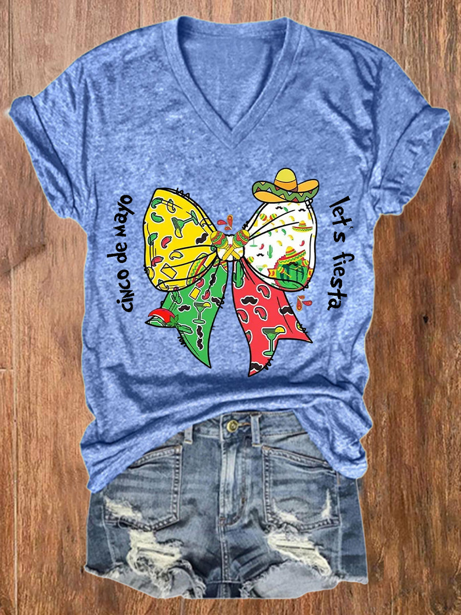 Camiseta de manga corta casual impresa Fiesta de Cinco De Drinko para mujer