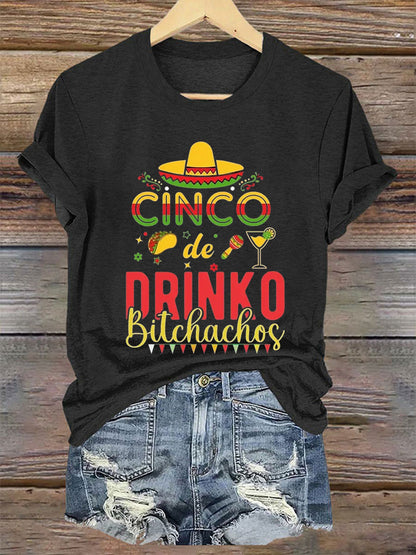 Camiseta de manga corta casual impresa de Cinco De Drinko de las mujeres