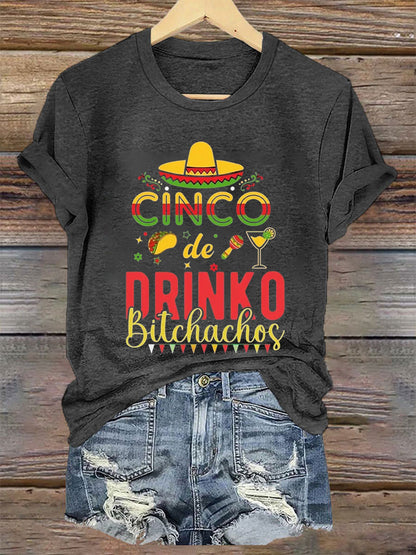 Camiseta de manga corta casual impresa de Cinco De Drinko de las mujeres