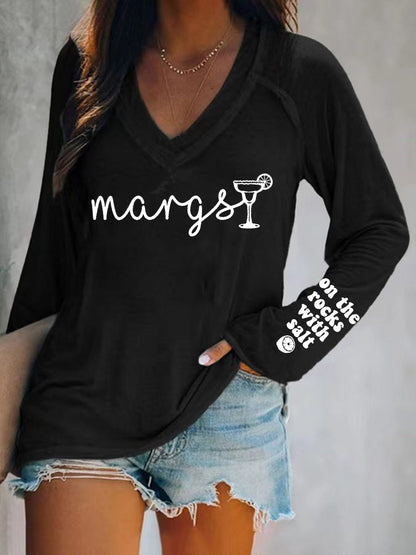 Cinco De Mayo Margarit On The Rocks With Salt Printed Camiseta de manga larga con cuello en V para mujer