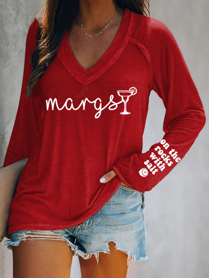 Cinco De Mayo Margarit On The Rocks With Salt Printed Camiseta de manga larga con cuello en V para mujer