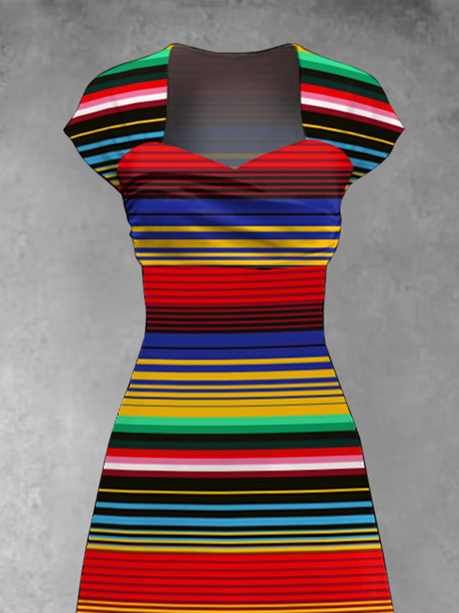 Vestido con estampado de rayas tradicionales mexicanas Cinco de Mayo para mujer