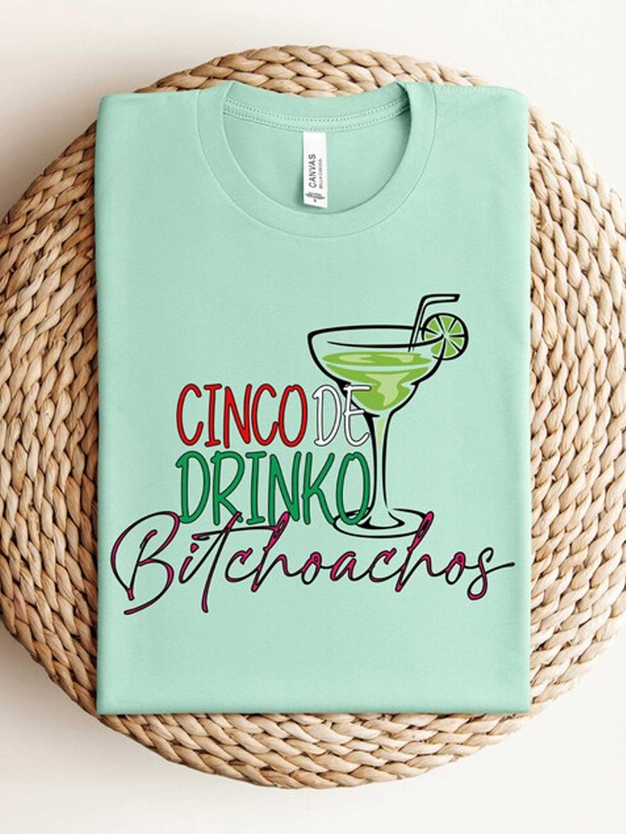 Camiseta de manga corta con cuello en V impresa Cinco De Drinko de mujer