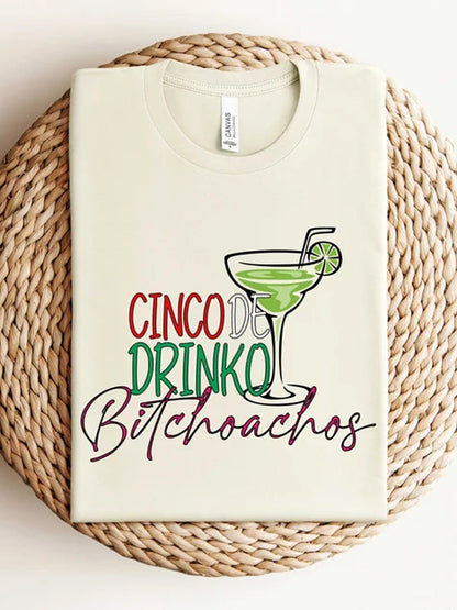 Camiseta de manga corta con cuello en V impresa Cinco De Drinko de mujer