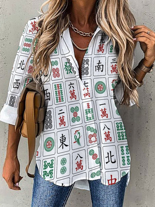 Camisa casual impresa Mahjong para mujer