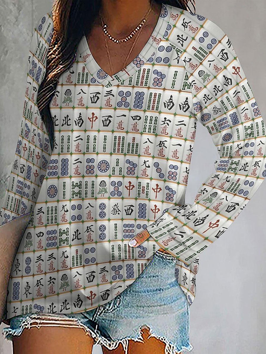 Mujer Mahjong Print Casual V Neck Top