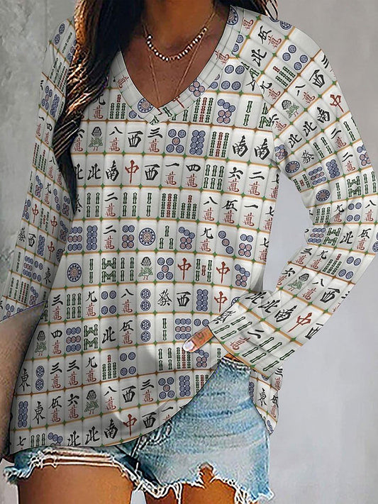 Mujer Mahjong Print Casual V Neck Top