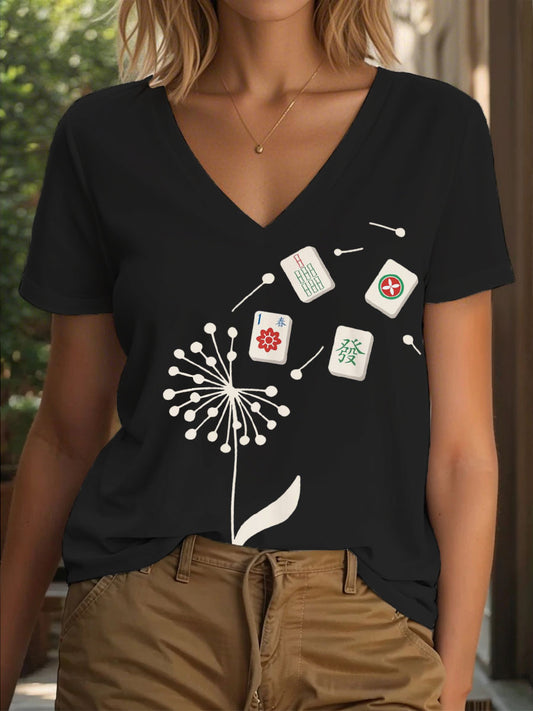 Dandelion Fun Mahjong camiseta con cuello en V para mujer