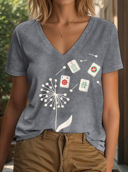 Dandelion Fun Mahjong camiseta con cuello en V para mujer