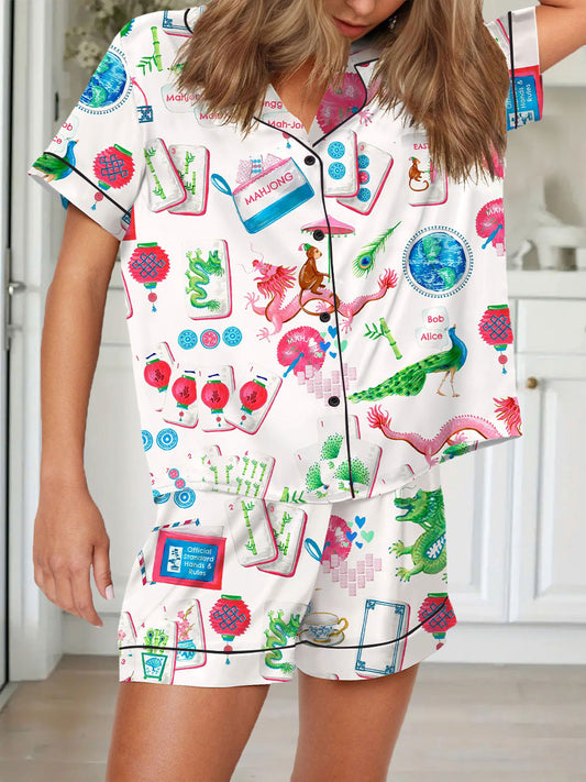 Conjunto de pijama de impresión Mahjong para mujer