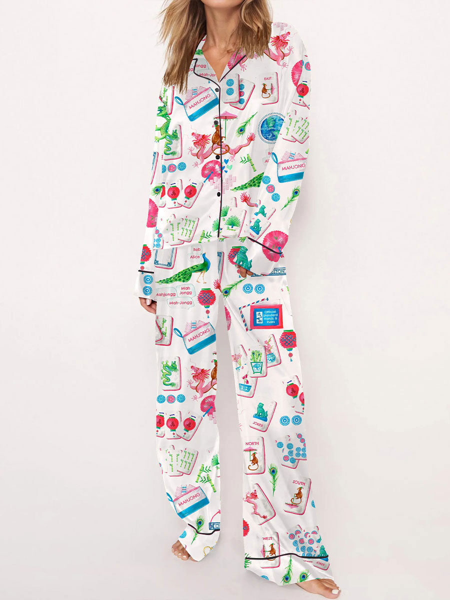 Conjunto de pijama de pantalones impresos Mahjong para mujer