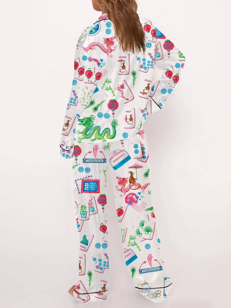 Conjunto de pijama de pantalones impresos Mahjong para mujer