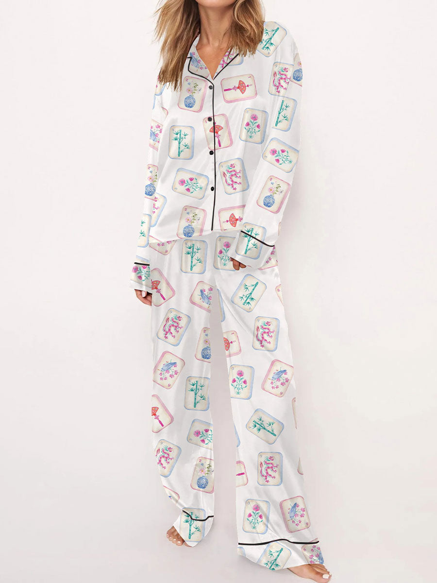 Conjunto de pijama de pantalones impresos Mahjong para mujer