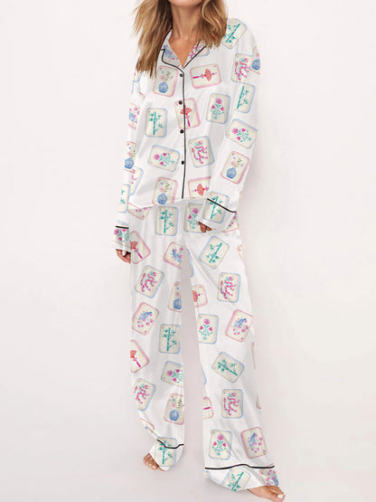 Conjunto de pijama de pantalones impresos Mahjong para mujer