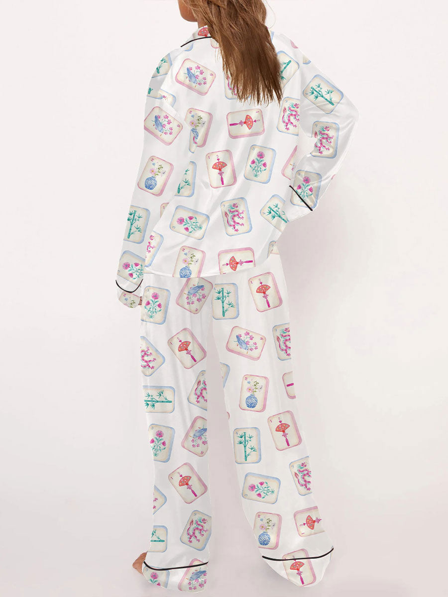 Conjunto de pijama de pantalones impresos Mahjong para mujer