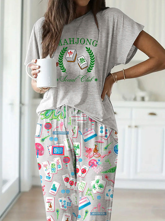 Conjunto de pijama de club social mahjong para mujer