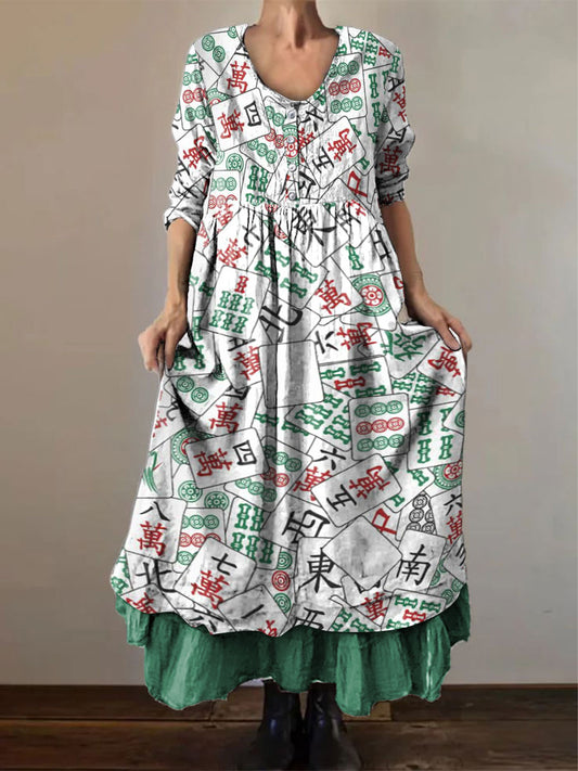 Las mujeres del estilo chino mahjong imprimir falso vestido de dos piezas