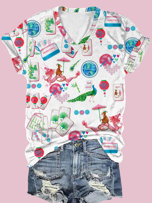 Camiseta con cuello en V estampado Mahjong chino para mujer