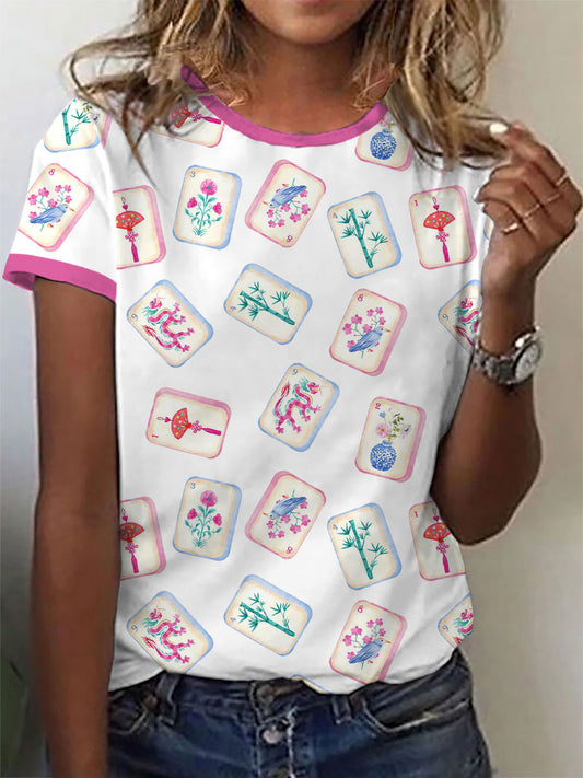 Camiseta casual con estampado de mahjong de estilo chino para mujer