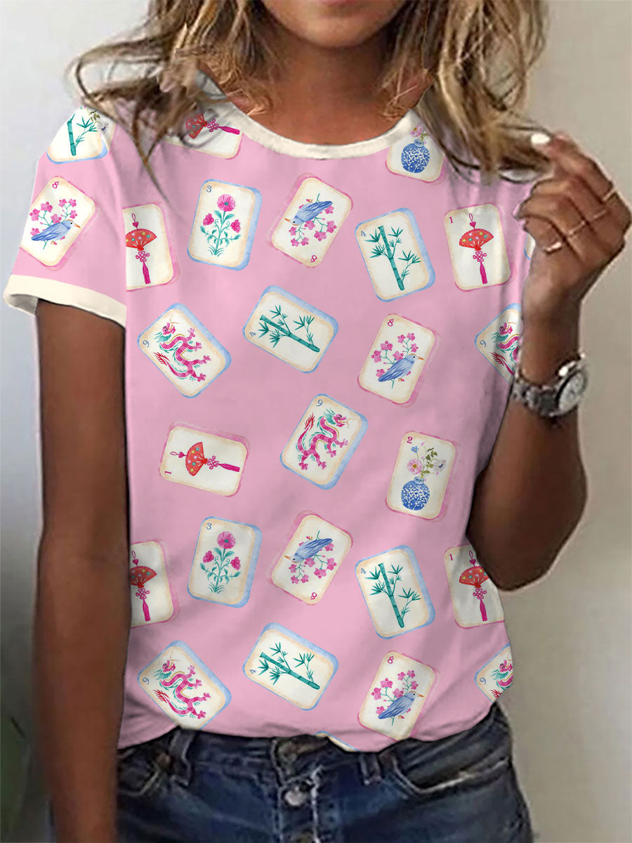 Camiseta casual con estampado de mahjong de estilo chino para mujer