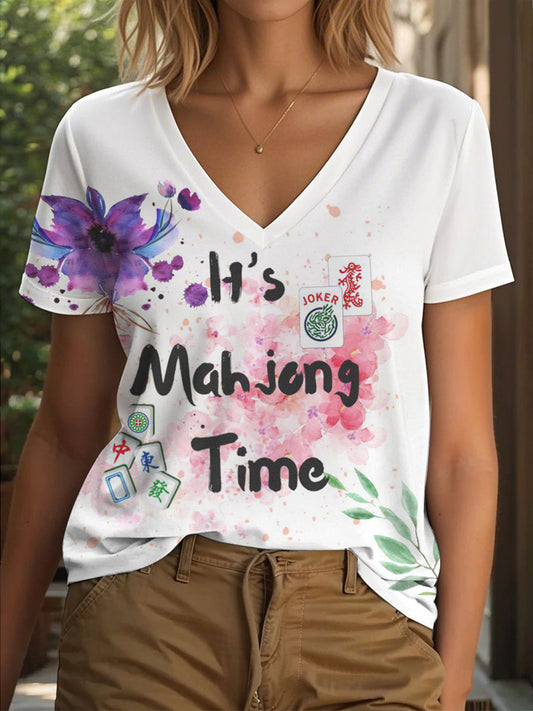 Camiseta con cuello en V It's mahjong time de mujer