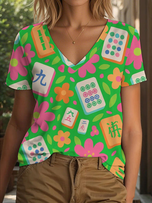 Camiseta con estampado floral Mahjong para mujer