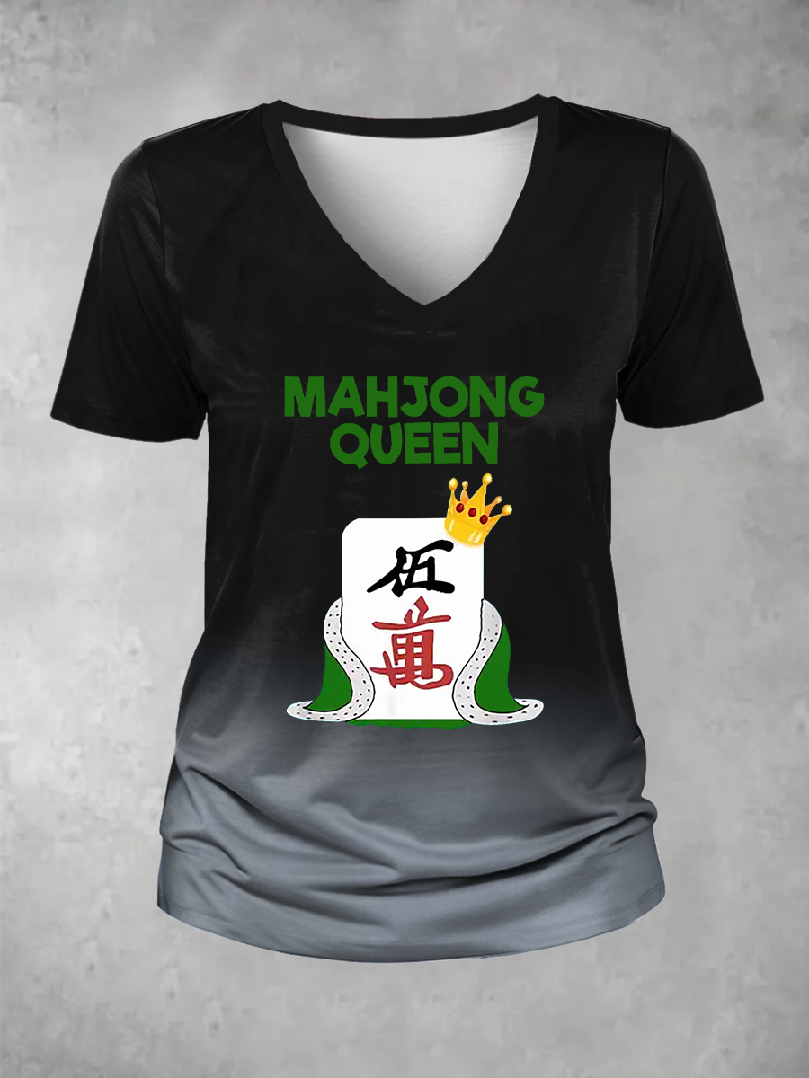 Camiseta casual impresa Mahjong divertida de las mujeres