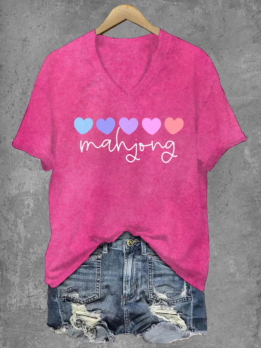 Camiseta Mahjong Print V-Neck para mujer