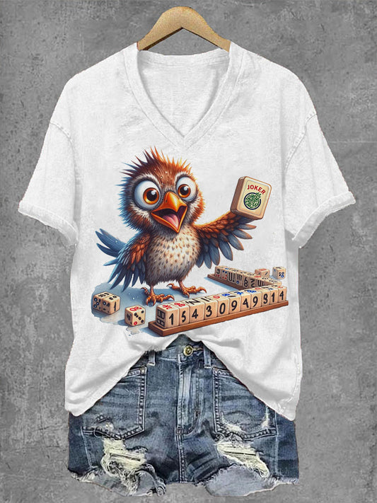 Camiseta con cuello en V Funny Animal Mahjong para mujer