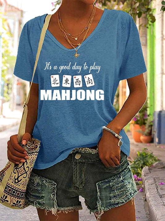 Camiseta Mahjong Print V-Neck para mujer