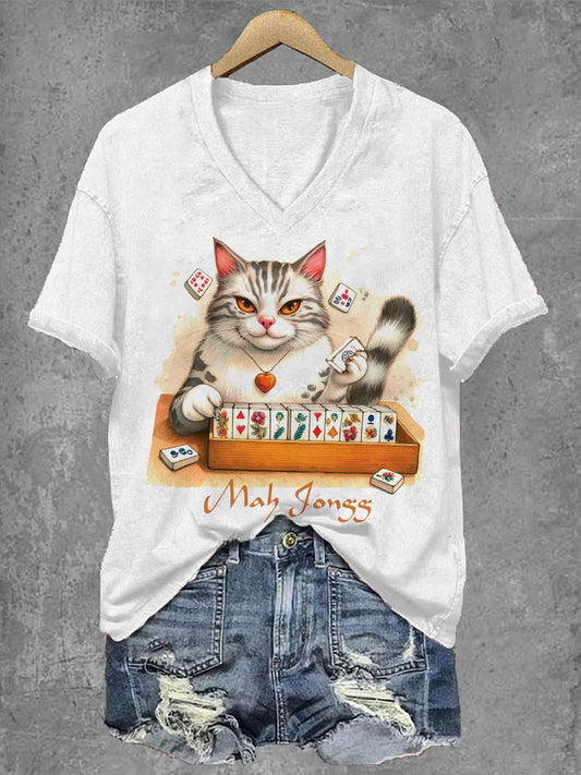 Camiseta Funny Cat Mahjong Print V Neck para mujer