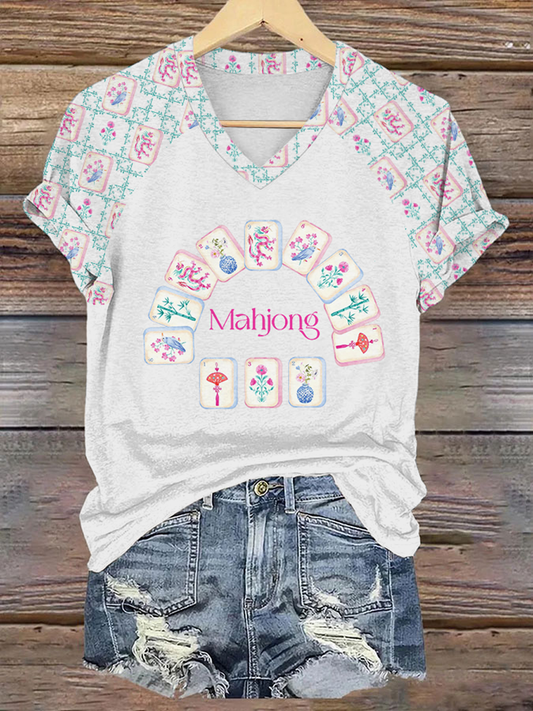Camiseta Mahjong Print V-Neck para mujer