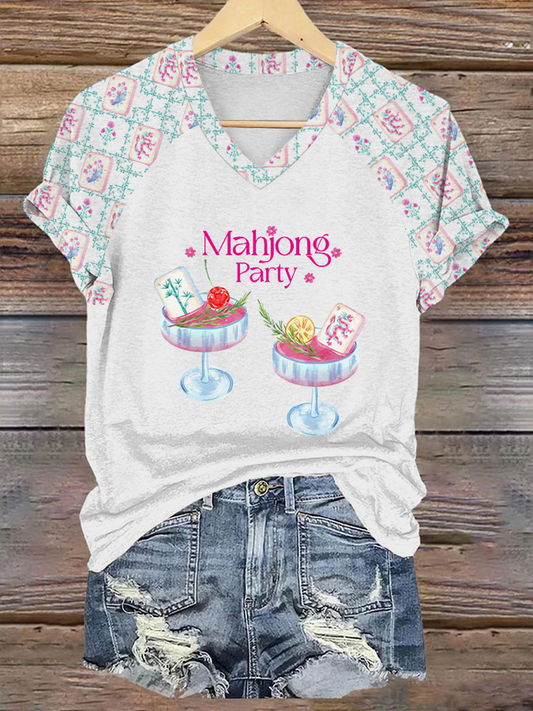 Camiseta Mahjong Print V-Neck para mujer