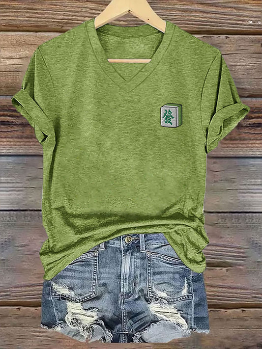 Camiseta con cuello en v Mahjong 'Fa' para mujer