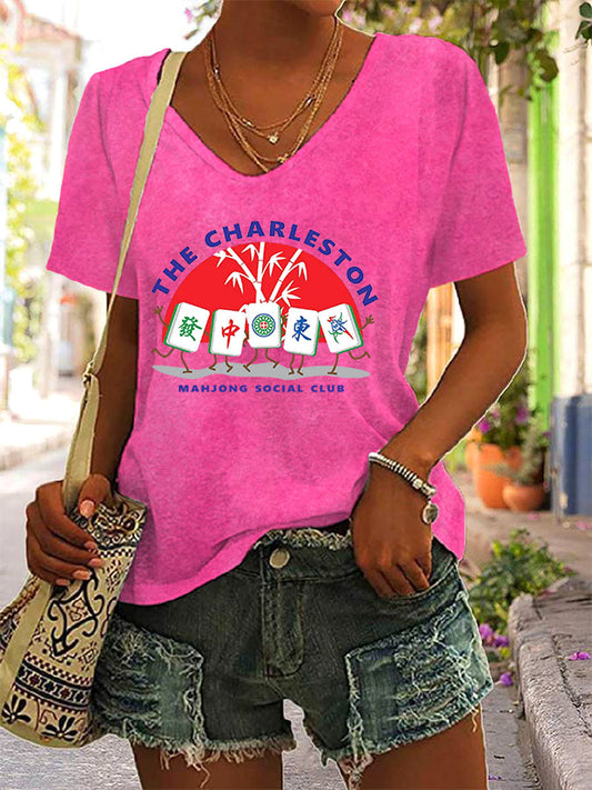 Camiseta Mahjong Print V-Neck para mujer