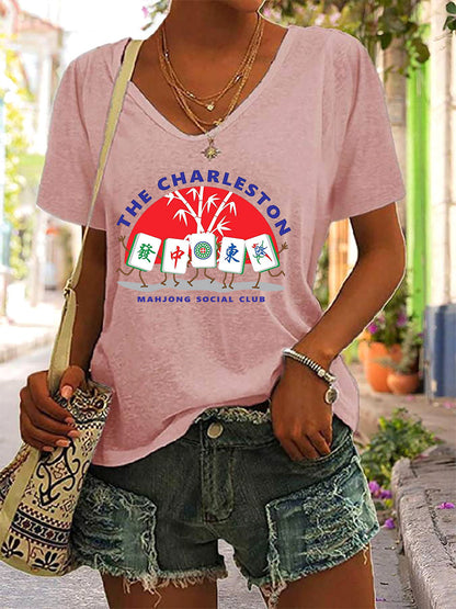 Camiseta Mahjong Print V-Neck para mujer