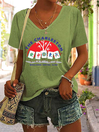 Camiseta Mahjong Print V-Neck para mujer