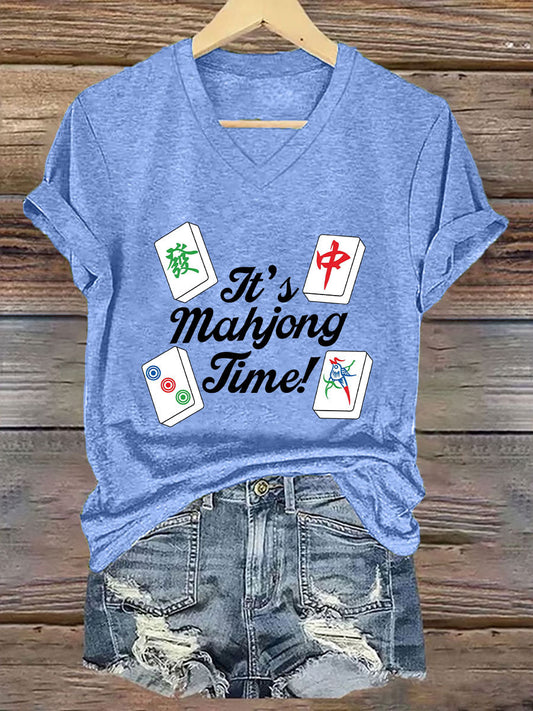 Camiseta con cuello en V It's mahjong time de mujer