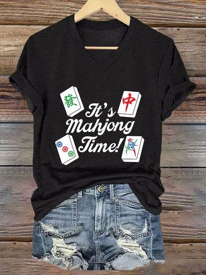 Camiseta con cuello en V It's mahjong time de mujer