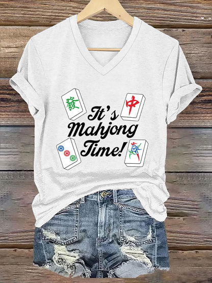 Camiseta con cuello en V It's mahjong time de mujer