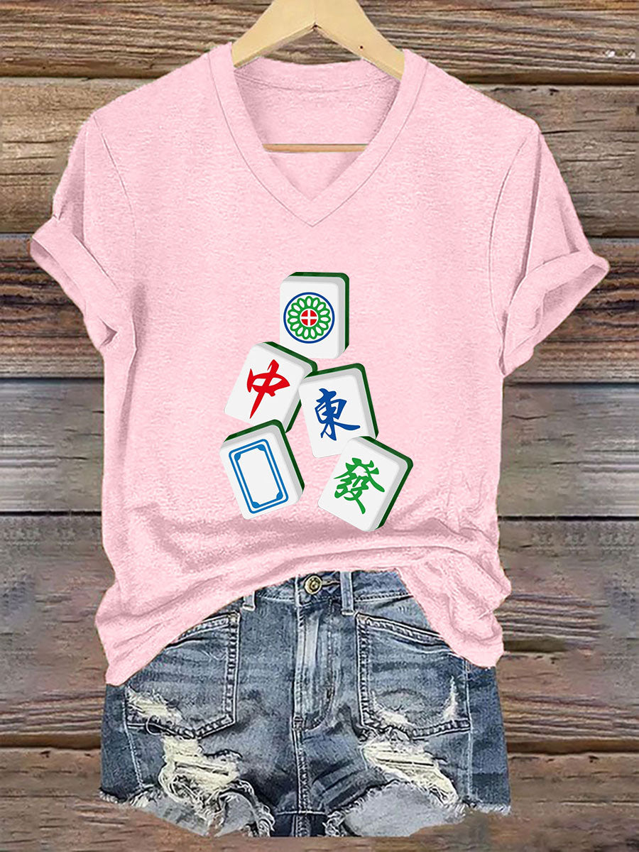 Camiseta con cuello en V It's mahjong time de mujer