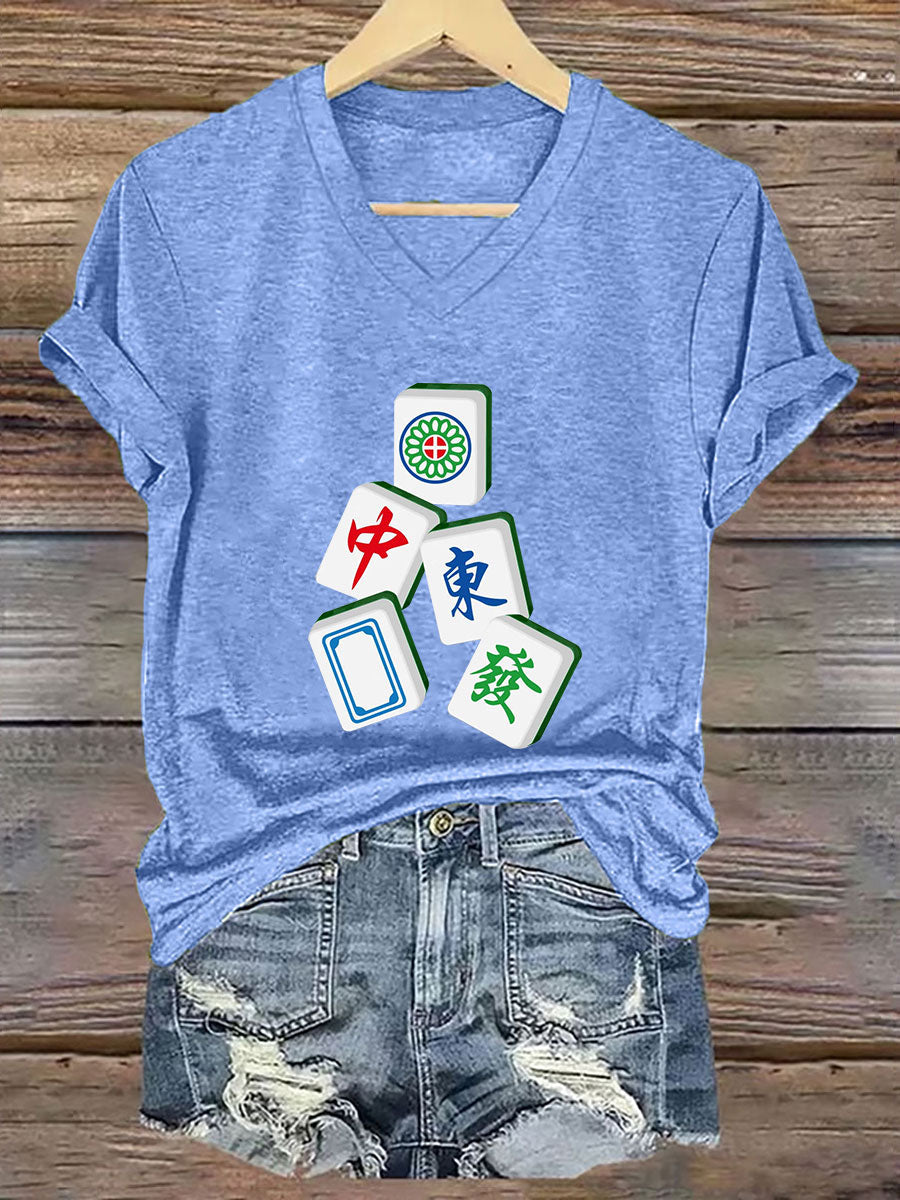 Camiseta con cuello en V It's mahjong time de mujer