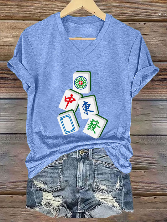Camiseta con cuello en V It's mahjong time de mujer