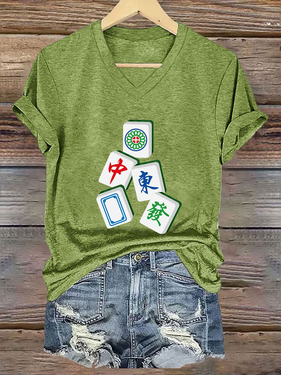 Camiseta con cuello en V It's mahjong time de mujer
