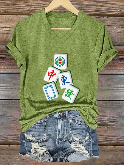 Camiseta con cuello en V It's mahjong time de mujer