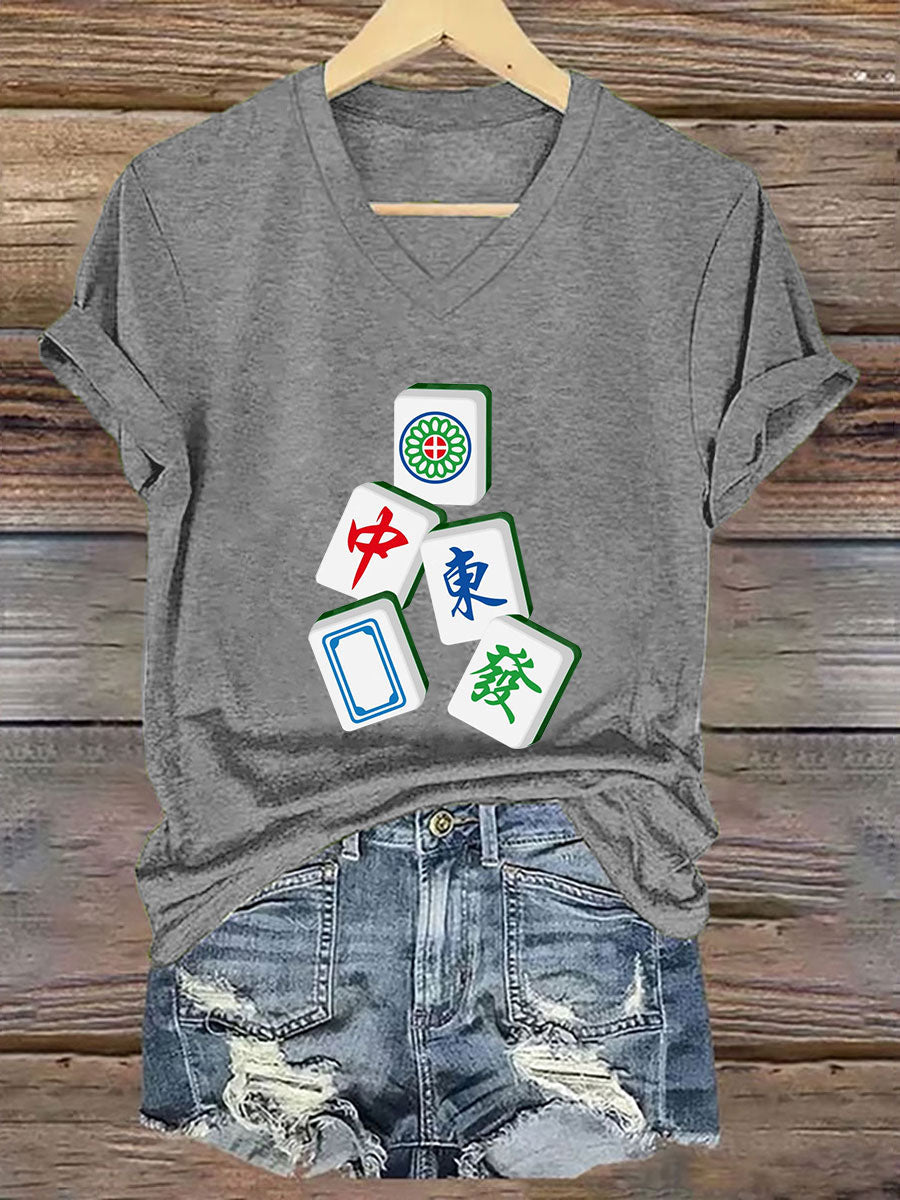 Camiseta con cuello en V It's mahjong time de mujer